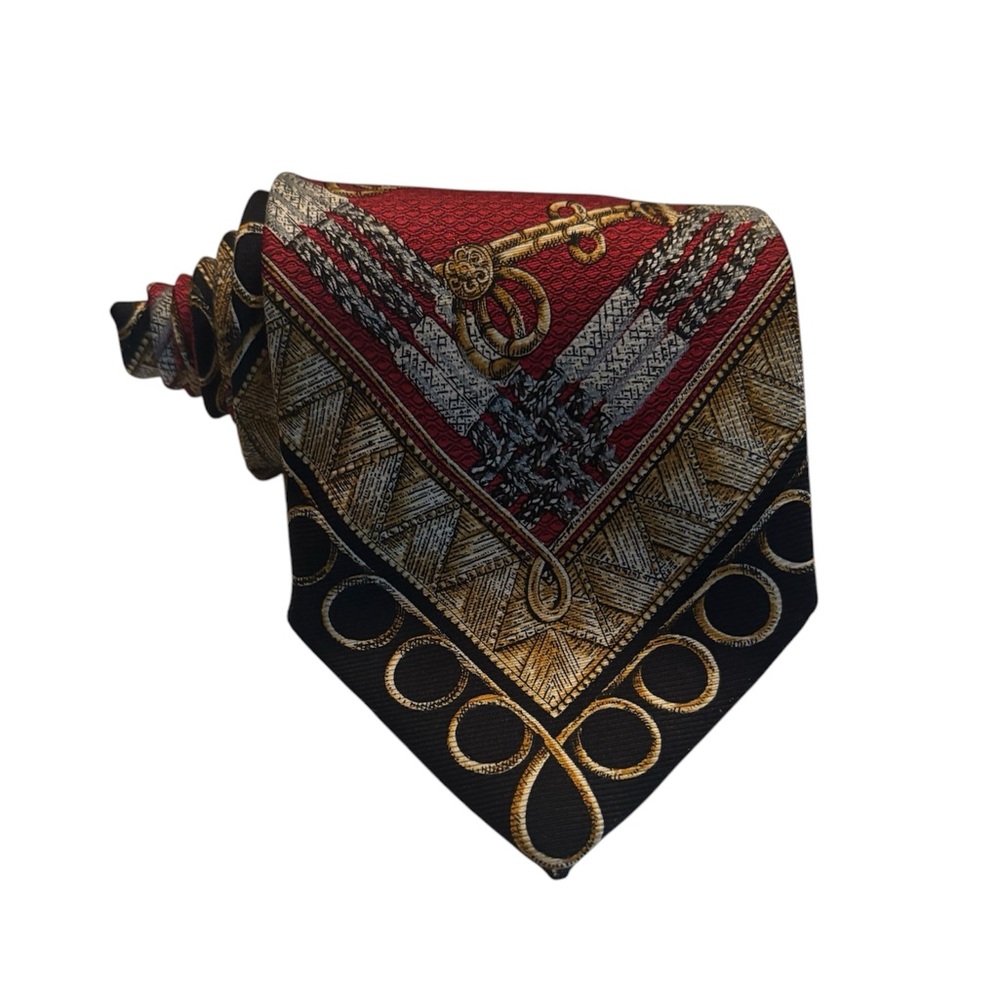 Vintage GIANFRANCO FERRE Silk Tie Red Gold Baroque Chain Print Made Italy Luxury